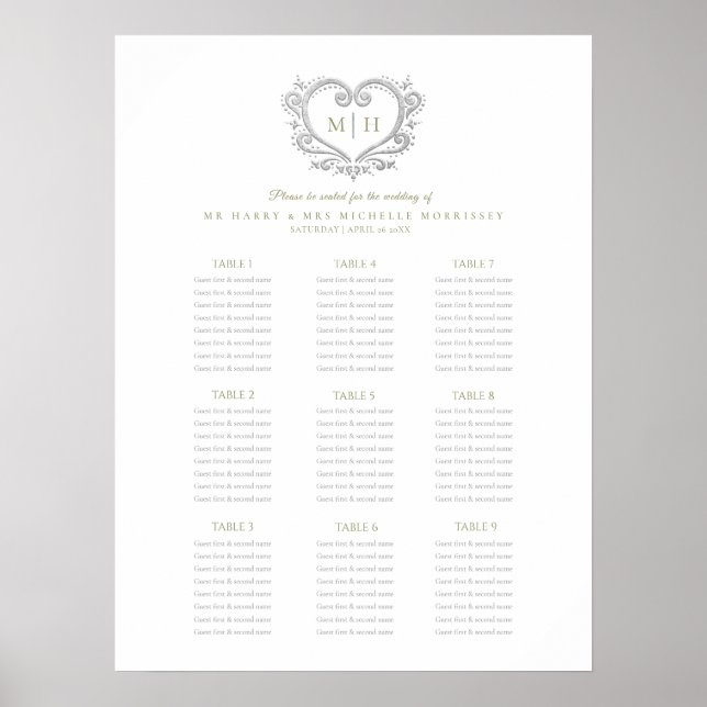 Poster Gráfico de assentos de casamento do coração verde  (Frente)