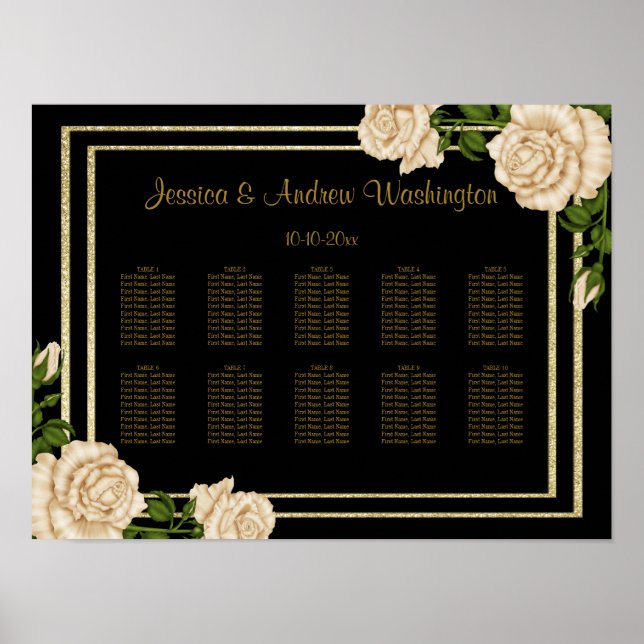 Pôster Gráfico de Assentos de Casamento Elegante com Rosa (Frente)