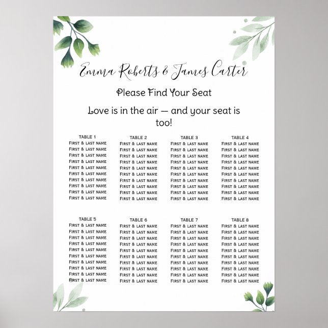 Poster Gráfico de Assentos de Casamento Elegante com Verd (Frente)