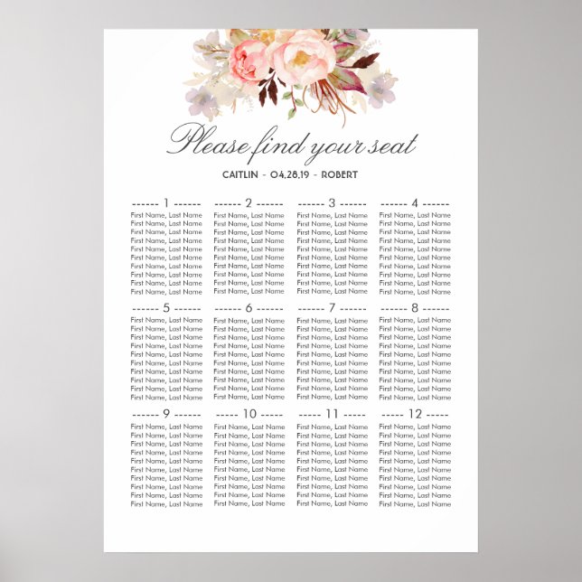 Pôster Gráfico de Assentos de Casamento Elegante Floral C (Frente)