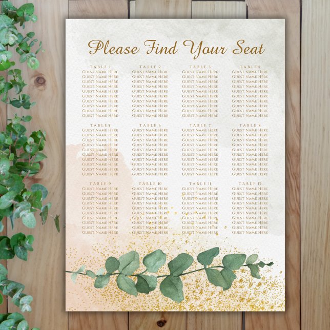 Poster Gráfico de Assentos de Casamento Elegante Verde e  (Elegant Green & Gold Photo Wedding Seating Chart (12 Tables))