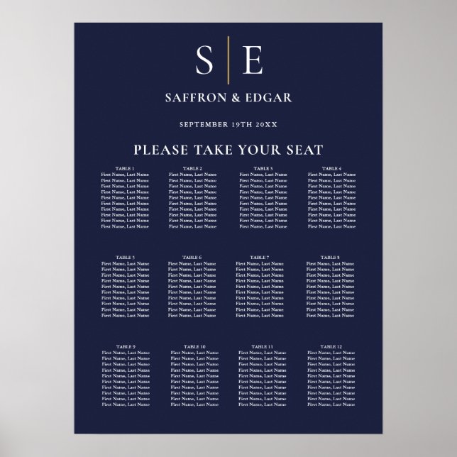 Poster Gráfico de Assentos de Casamento em Azul Marinho e (Frente)