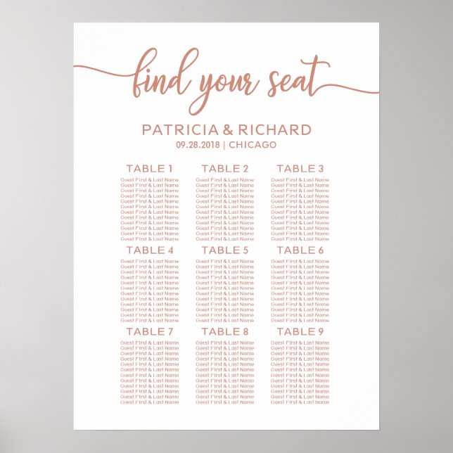 Poster Gráfico de Assentos de Casamento em Rose Gold com  (Frente)