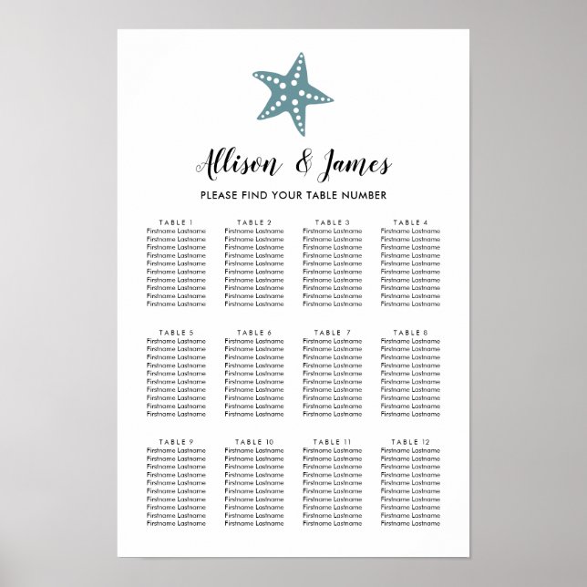 Poster Gráfico de Assentos de Casamento Estrela do Mar Mo (Frente)