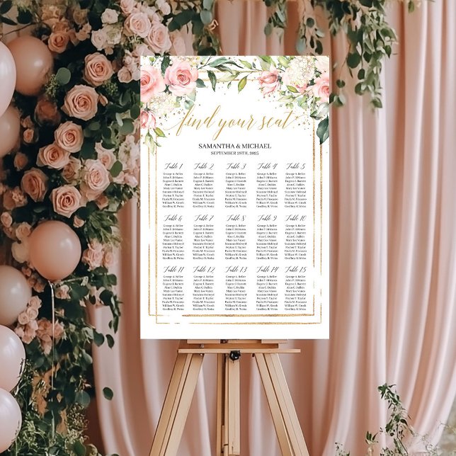 Poster Gráfico de assentos de casamento florais cor-de-ro (Boho blush pink floral gold wedding seating chart)