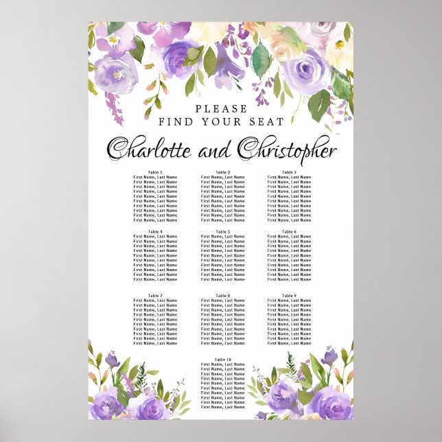 Poster Gráfico de Assentos de Casamento Floral 10-Mesa (Frente)