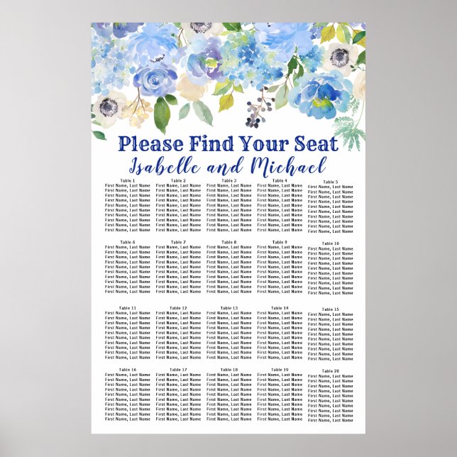 Poster Gráfico de Assentos de Casamento Floral Azul-20-Me (Frente)