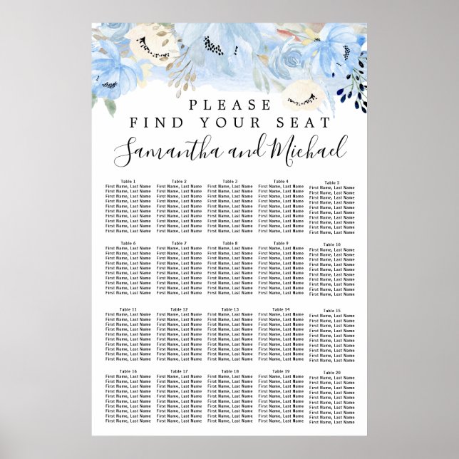 Poster Gráfico de Assentos de Casamento Floral Azul-20-Me (Frente)