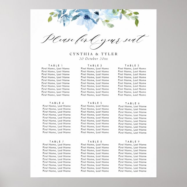 Poster gráfico de assentos de casamento floral azul claro (Frente)