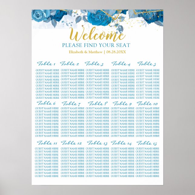 Poster Gráfico De Assentos De Casamento Floral Azul E Dou (Frente)