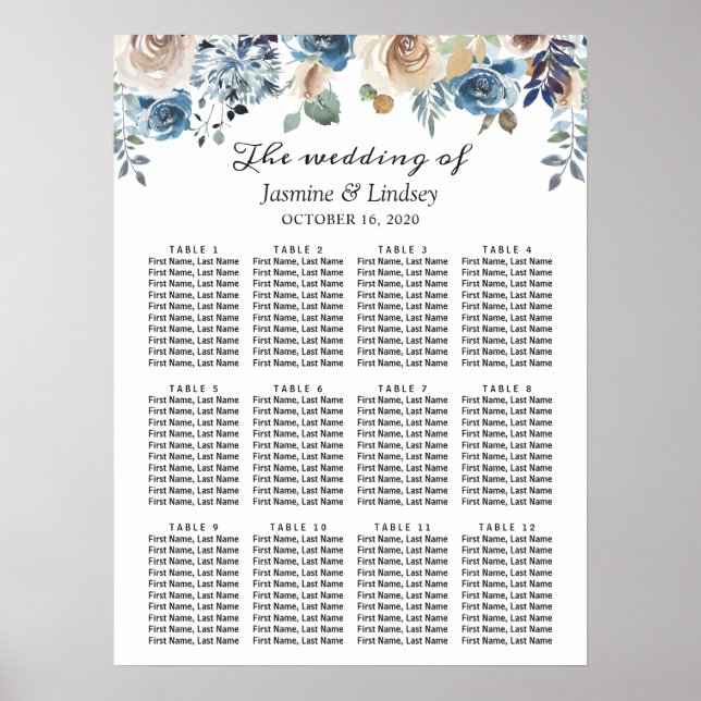 Poster Gráfico de Assentos de Casamento Floral Azul Empoe (Frente)