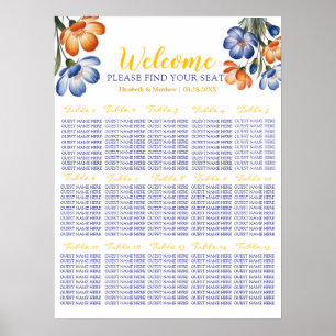 Poster Gráfico de Assentos de Casamento Floral Azul Marin