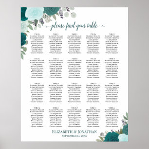 Poster Gráfico de Assentos de Casamento Floral Azul Turqu