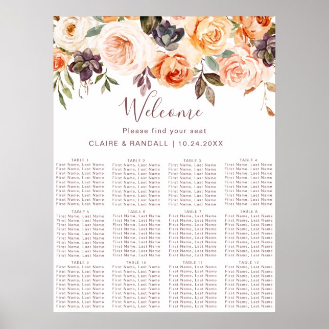Poster Gráfico de Assentos de Casamento Floral Boho Cláss (Frente)