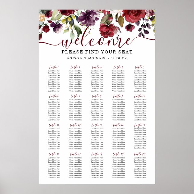 Poster Gráfico de Assentos de Casamento Floral Borgonha (Frente)
