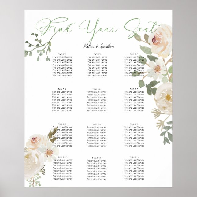 Poster Gráfico de Assentos de Casamento Floral Branco Ele (Frente)