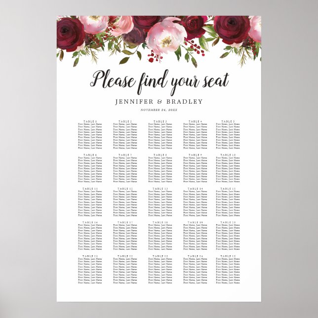 Poster Gráfico de Assentos de Casamento Floral Burgundy R (Frente)