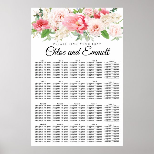 Poster Gráfico de Assentos de Casamento Floral de 20 Mesa (Frente)