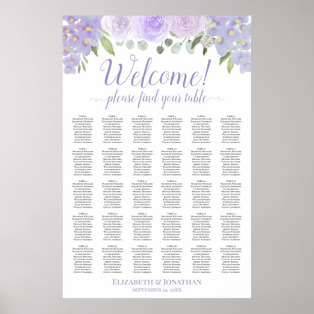 Poster Gráfico de Assentos de Casamento Floral Lavanda co (Frente)