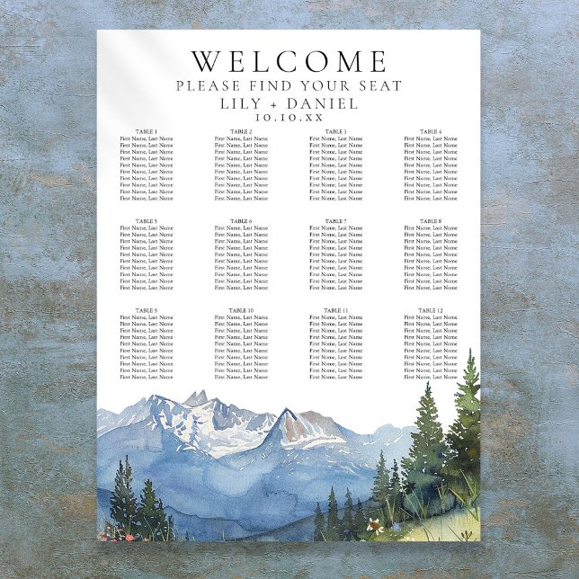 Poster Gráfico de Assentos de Casamento Floral Montanhoso (Watercolor Mountain Floral Wedding Seating Chart)