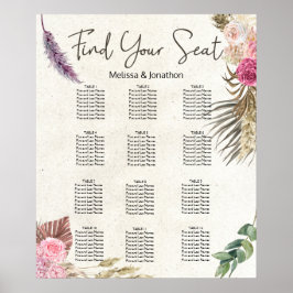 Poster Gráfico de Assentos de Casamento Floral Neutro Boh
