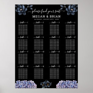 Poster Gráfico de Assentos de Casamento Floral Preto Mal-