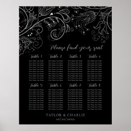 Poster Gráfico de Assentos de Casamento Floral Preto Prat