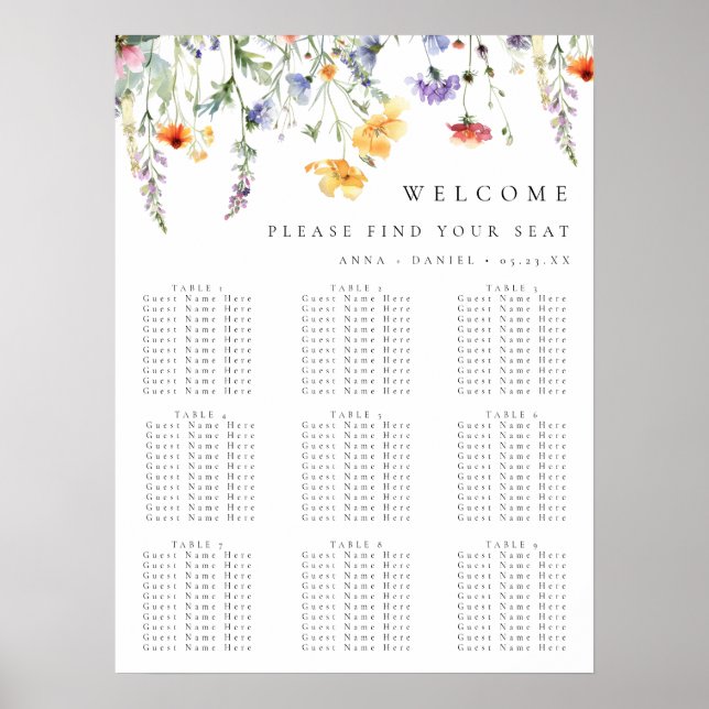 Poster Gráfico de Assentos de Casamento Floral Primavera  (Frente)