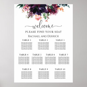 Poster Gráfico de Assentos de Casamento Floral Profundo L