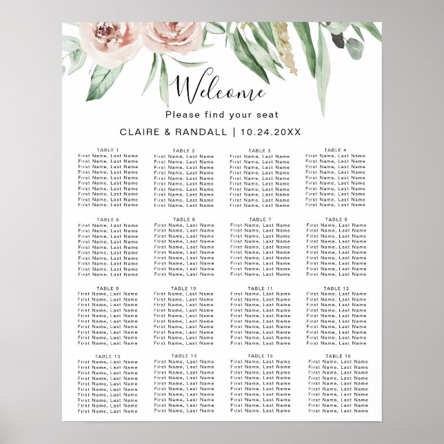 Poster Gráfico de Assentos de Casamento Floral Rosa Verde (Frente)
