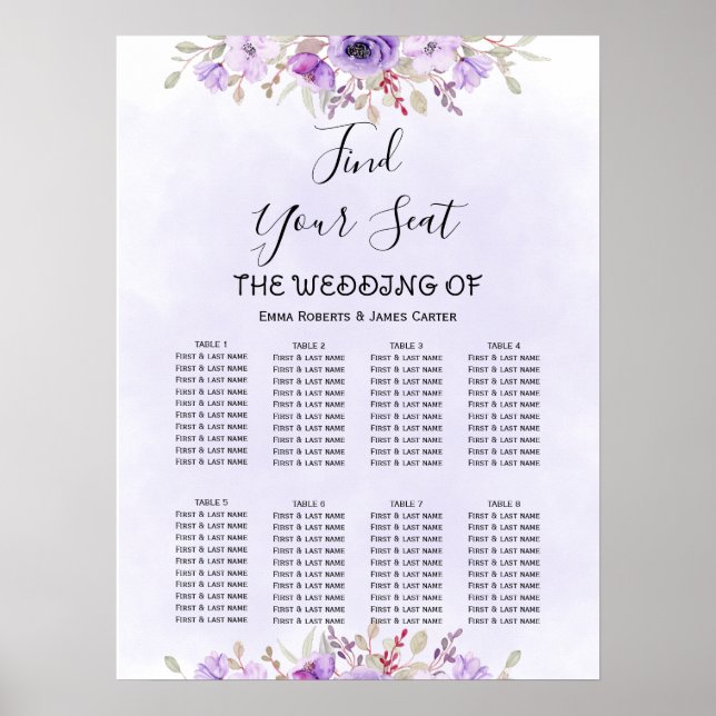Poster Gráfico de Assentos de Casamento Floral Roxo Elega (Frente)