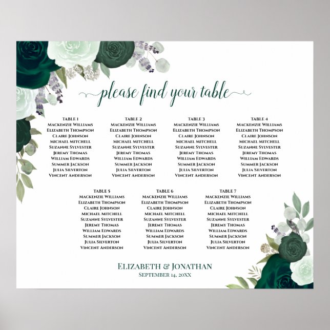 Poster Gráfico de Assentos de Casamento Floral Verde Esme (Frente)