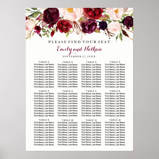 Pôster Gráfico de Assentos de Casamento Floral Vermelho B (Frente)