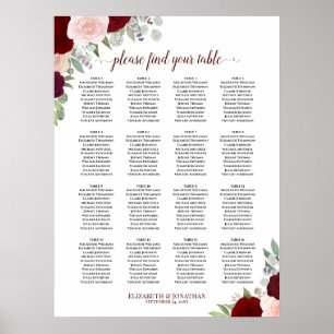 Poster Gráfico de Assentos de Casamento Floral Vermelho e