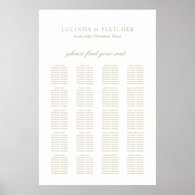 Poster Gráfico de Assentos de Casamento Formal Ouro Cláss (Frente)