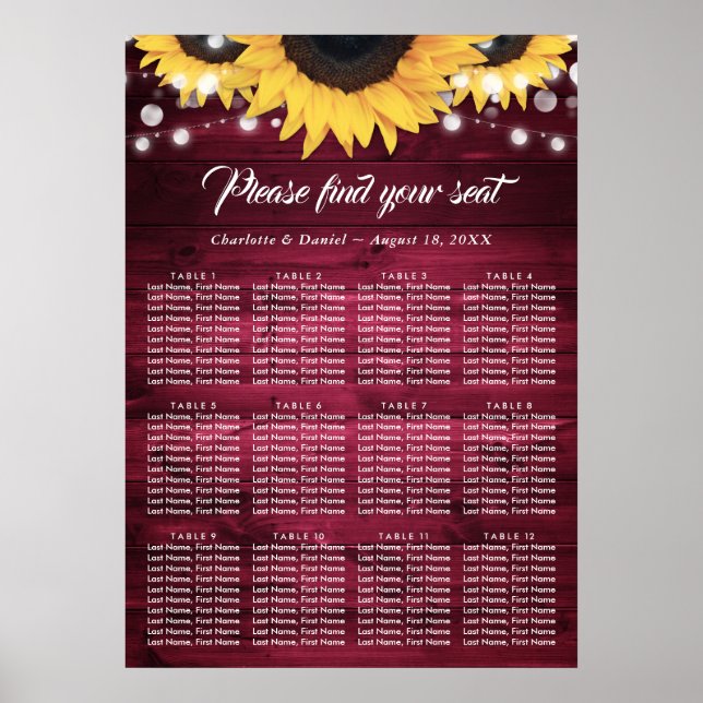 Poster Gráfico de Assentos de Casamento Girassol Borgonha (Frente)