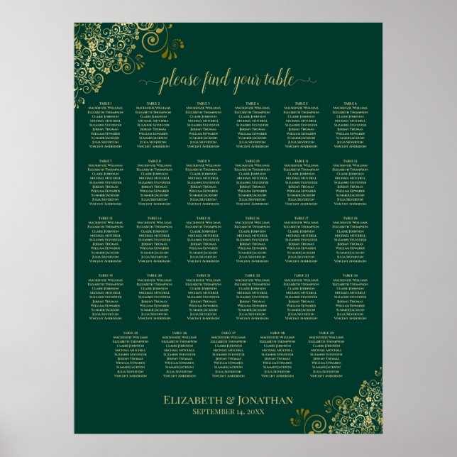 Poster Gráfico de Assentos de Casamento Mesa 29 Dourado E (Frente)