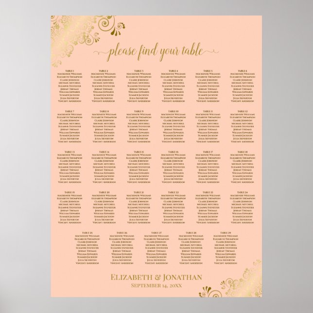 Poster Gráfico de Assentos de Casamento Mesa 29 Gold & Co (Frente)