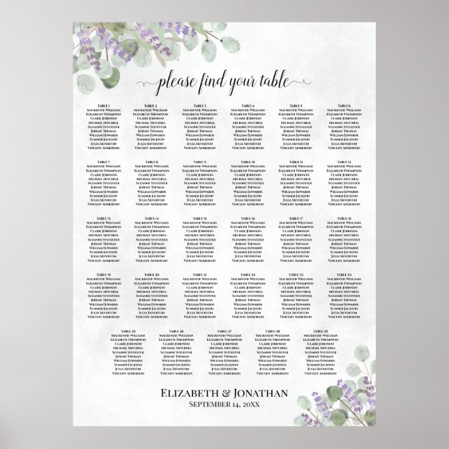 Poster Gráfico de Assentos de Casamento Mesa 29 Lavanda E (Frente)