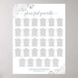 Poster Gráfico de Assentos de Casamento Mesa 29 Prata Azu