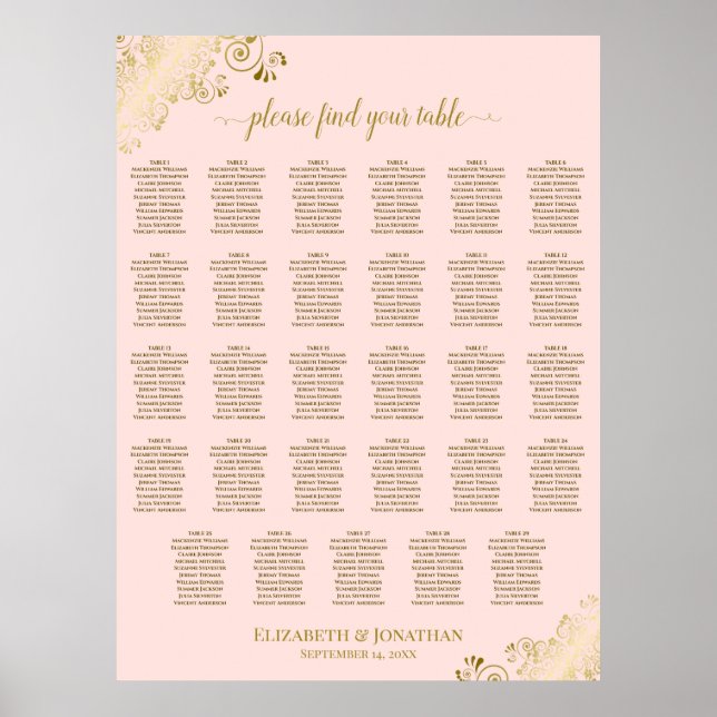 Poster Gráfico de Assentos de Casamento Mesa 29 Rosa e Do (Frente)