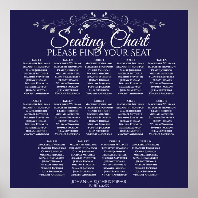 Poster Gráfico de Assentos de Casamento Mesa Azul 14 (Frente)