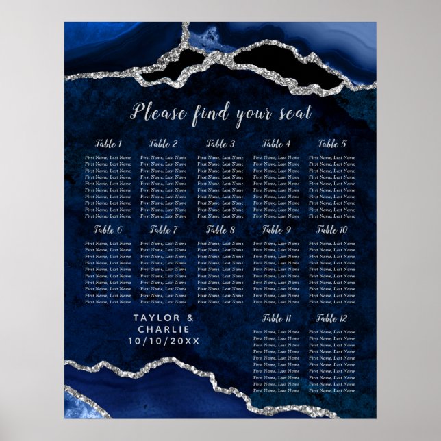 Poster Gráfico de Assentos de Casamento Navy Silver Agate (Frente)