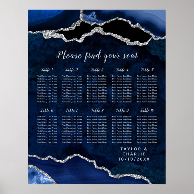 Poster Gráfico de Assentos de Casamento Navy Silver Agate (Frente)
