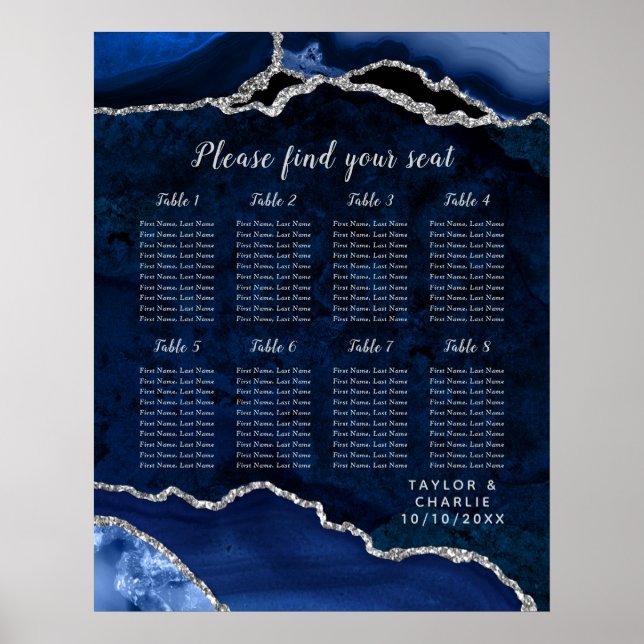 Poster Gráfico de Assentos de Casamento Navy Silver Agate (Frente)