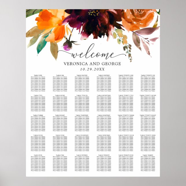 Poster Gráfico de Assentos de Casamento outono Floral Rus (Frente)