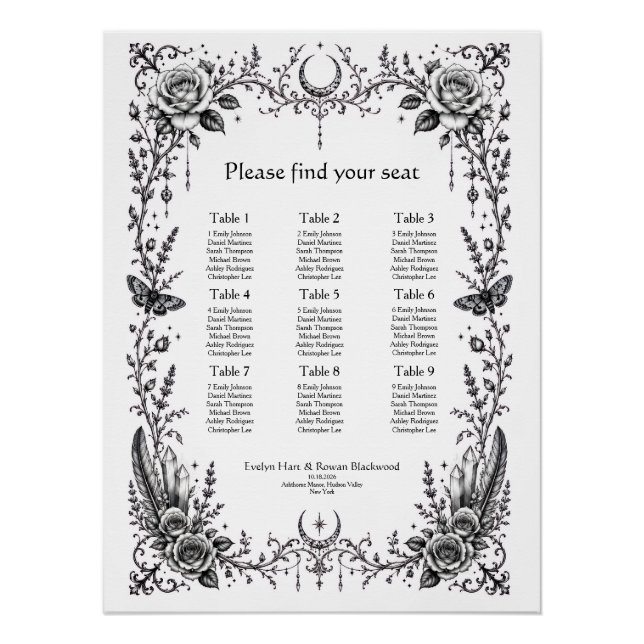 Pôster Gráfico de Assentos de Casamento Preto e Branco Bo (Frente)