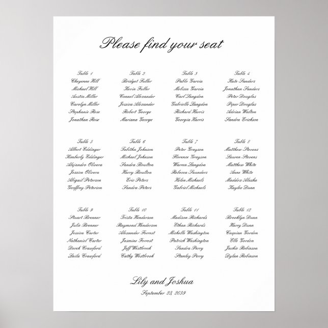 Poster Gráfico de Assentos de Casamento Preto e Branco Cl (Frente)