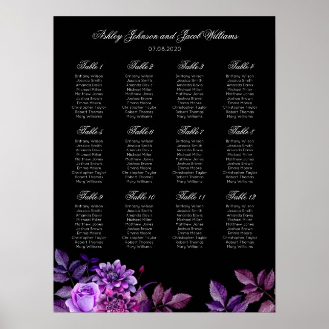 Poster Gráfico de assentos de casamento preto e roxo para (Frente)