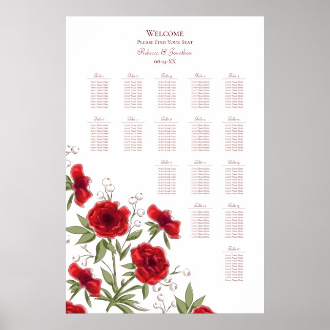 Poster Gráfico de Assentos de Casamento Romântico com Ros (Frente)
